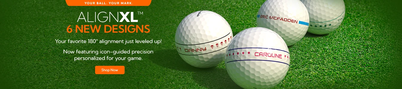 AlignXL Golf Balls | 180 degree ball alignment aid now with 6 new styles featuring icons