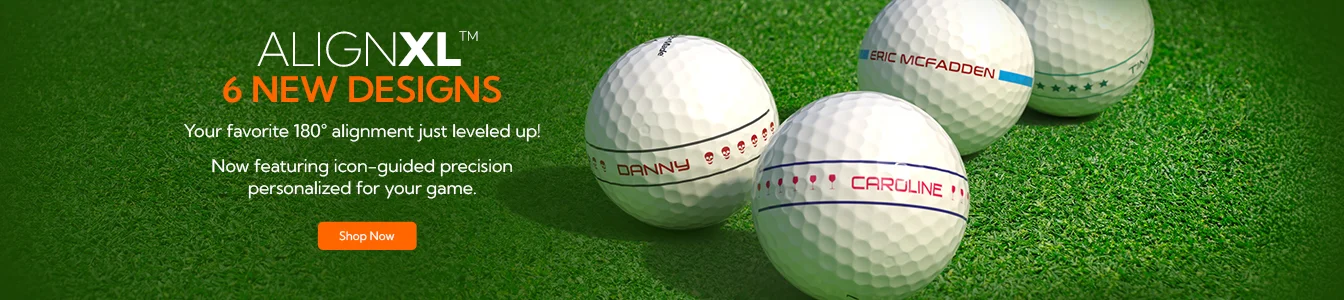 AlignXL Golf Balls | 180 degree ball alignment aid now with 6 new styles featuring icons