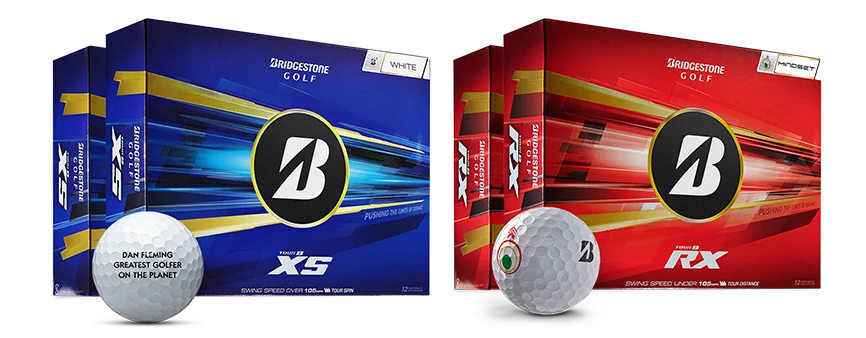 2 Dozen TOUR B XS with personalized ball, 2 Dozen TOUR B RX and ball showing 45 degree vendor marking