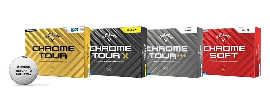 Callaway Chrome Tour, Chrome Tour X, Chrome Tour Triple Diamond and Chrome Soft Golf Balls with a golf ball in front of each box