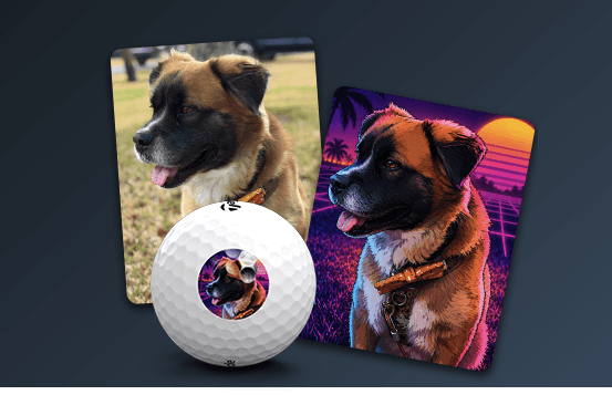 Original dog photo beside an AI-styled version and a golf ball printed with the transformed portrait.