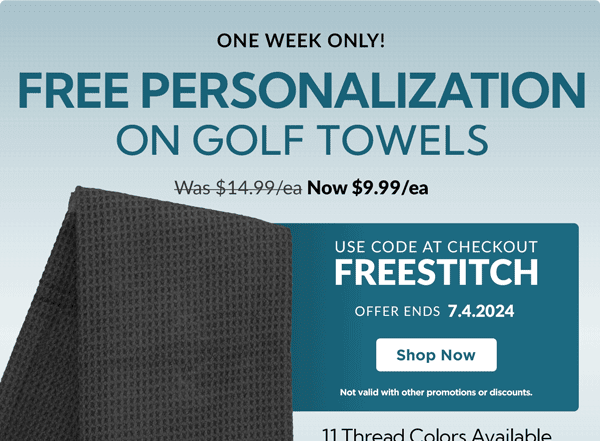 One Week Only! Free Personalization on Golf Towels