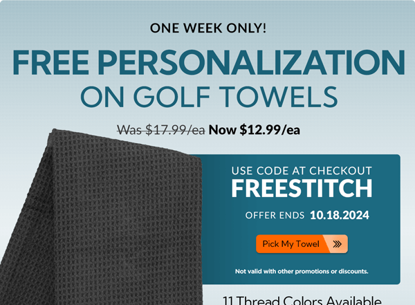 One Week Only! Free Personalization on Golf Towels