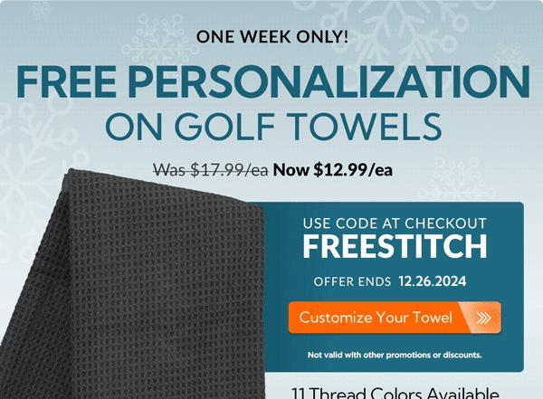 One Week Only! Free Personalization on Golf Towels