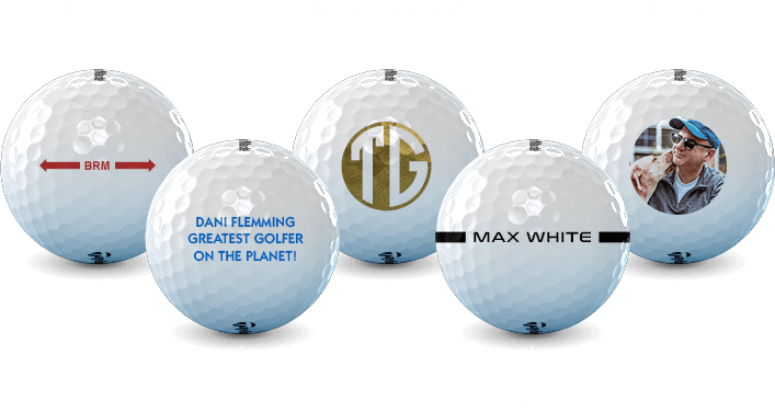 Five golfballs. one with two arrows pointing in the center pointing away from the letters BRM, one with the text dani flemming greatest golfer on the planet! printing on it, one with a monogram TG, one with two lines on the ball with the name Max White between them, and one with a photo of a man and a dog. 