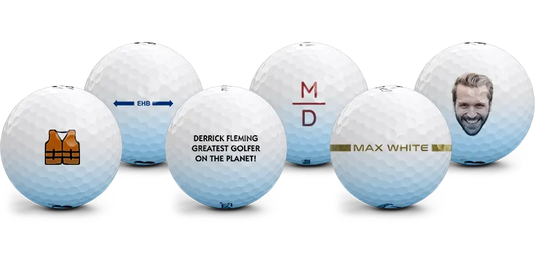Eight golfballs. One golf ball featuring a pair of sunglasses. One golf ball featuring a Saints logo. One golf ball featuring a monogrammed logo with the letters BRM. One golf ball featuring a personalization with Daniel Flemming greatest golfer on the planet. One monogram golf ball with the letter C in green. Golf ball with an alignment aid and a personalization Max White. One golf ball with a photo of a man and his dog. Golf ball with the Marines logo.