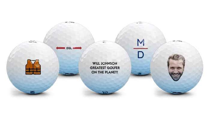 Five golfballs. One golf ball featuring a life vest. One golf ball featuring a monogrammed logo with the letters BRM. One golf ball featuring a personalization with Will Johnson greatest golfer on the planet. One monogram golf ball with the letter C in green. One golf ball with a photo of a man and his dog.